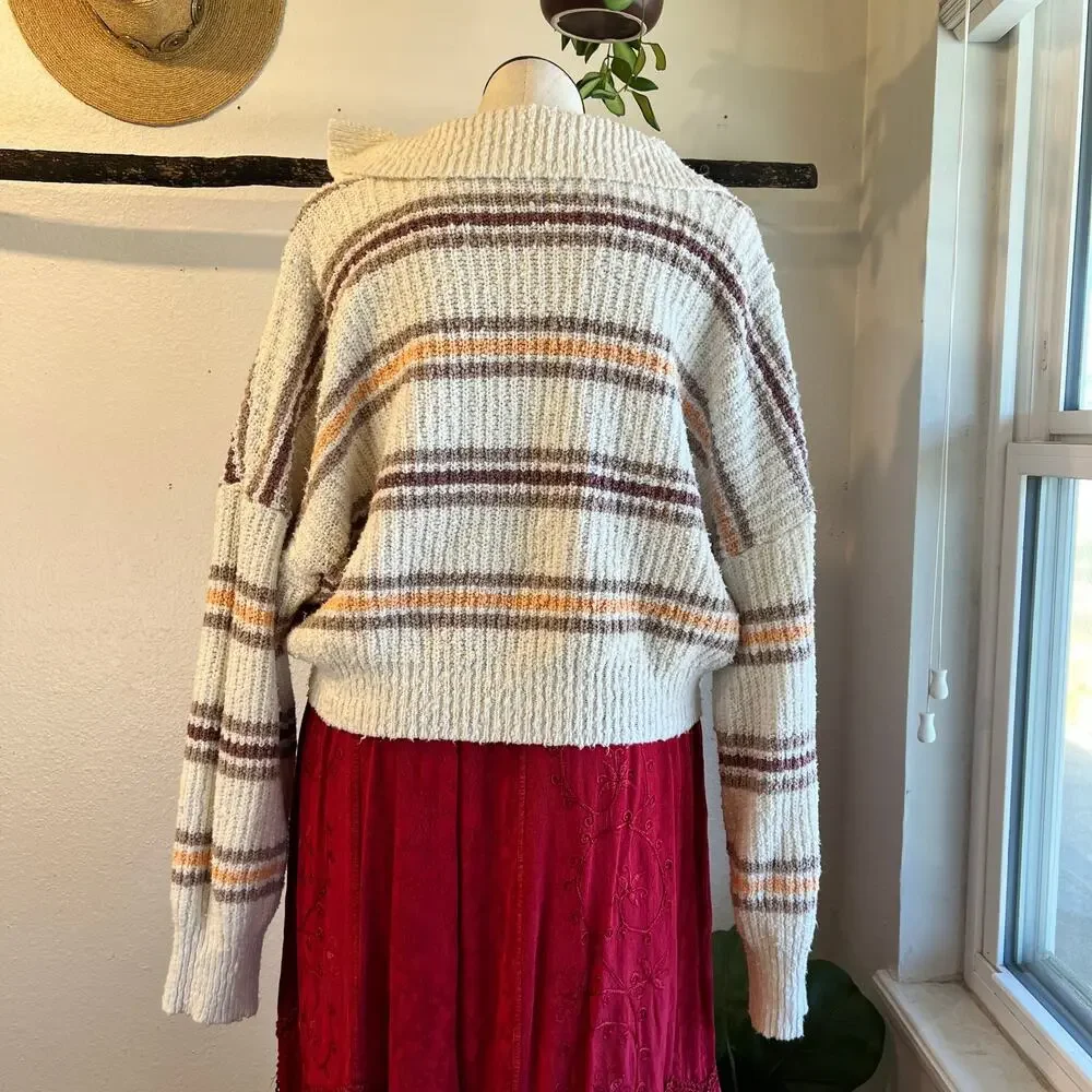 Free People Kennedy Striped Collared Cropped Chunky Knit Sweater Size Large